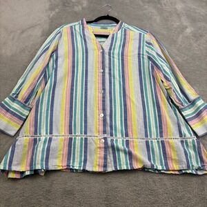 Symple NYC Linen Cotton Button Up Top Womens XL Rainbow Stripe Artsy Beachy Boho